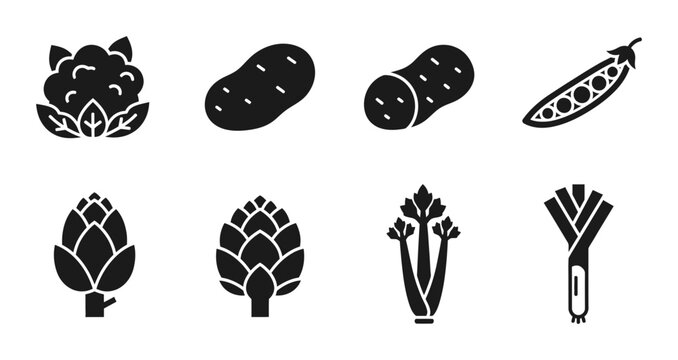 8 Vegetable silhouette icons cauliflower potato pea artichoke celery leek, solid black style, food grocery