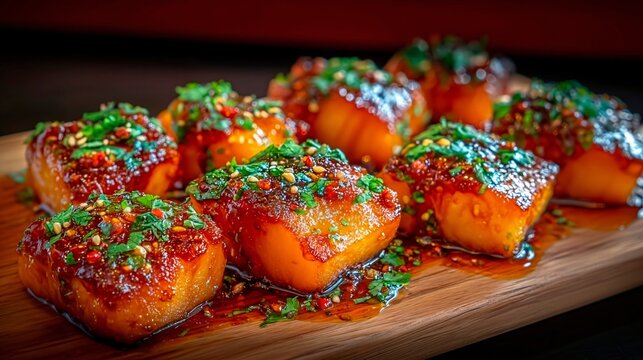 Salmon pieces glazed with herbs and sesame seeds on a wooden board