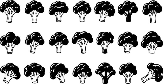 Food and Vegetable Broccoli Icons Set. Black and White Glyph Vector Illustrations in Outline Art Style for Healthy Eating, Cooking, and Nutrition Design