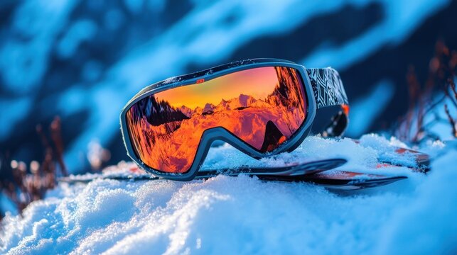 Close-up of ski goggles reflecting a sunset over snow-covered mountains, resting on skis