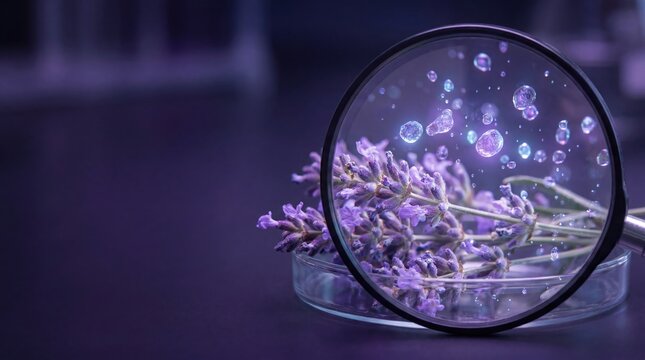 Blooming lavender flowers in petri dish under magnifying glass revealing glowing bioluminescent purple extract particles on dark laboratory background
