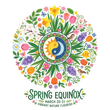 Spring Equinox Floral Mandala Yin Yang Illustration