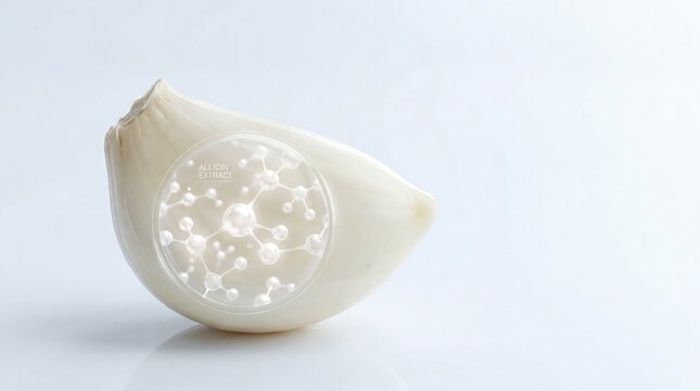 Fresh garlic clove with pearlescent allicin extract molecular structure overlay on clean white background, nutritional science and health concept