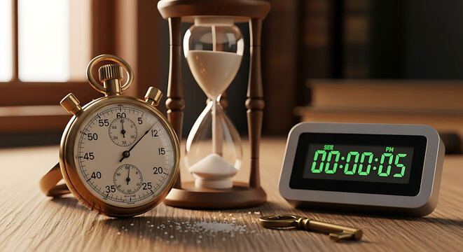 Stopwatch, hourglass, and digital timer on a wooden desk