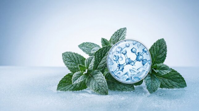 Frosted peppermint leaves with icy blue menthol molecular structure visible through magnifying lens on cool wet surface, scientific skincare concept