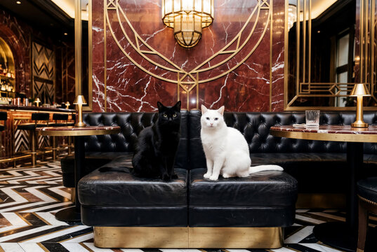 Elegant black cat and white cat sitting on leather sofa in luxury art deco bar with marble wall and gold lamp