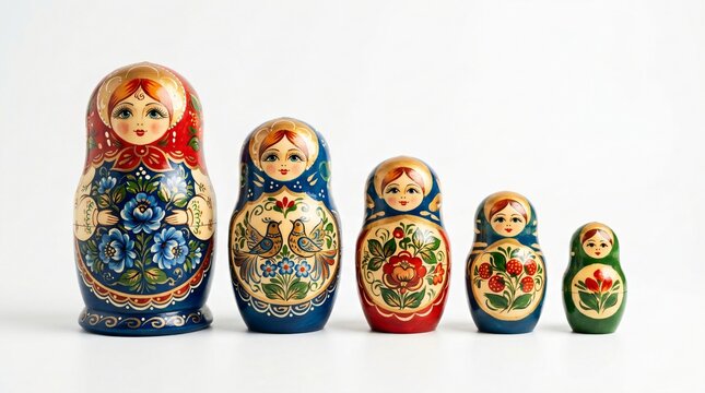 Matryoshka dolls arranged by size on white background. Traditional Russian nesting doll with hand painted floral pattern. Cultural souvenir and famous wooden folk toy decoration.