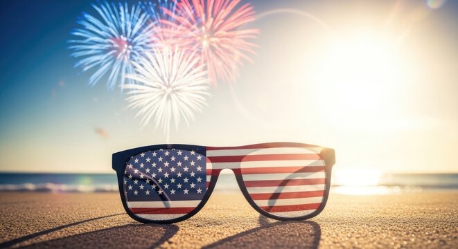 American independence day fireworks celebration on the beach with patriotic sunglasses
