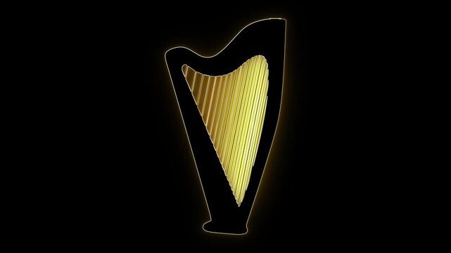 Harp music art. Golden strings. Musical instrument. Neon harp logo. Classical music. Luxury music icon. Orchestral design. Artistic harp. Musical silhouette. Yellow glow art.

