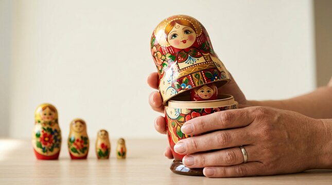 Woman opening wooden matryoshka doll. Traditional Russian nesting doll with smaller figurine inside. Cultural art and handicraft object. Concept of discovery and creative toy.
