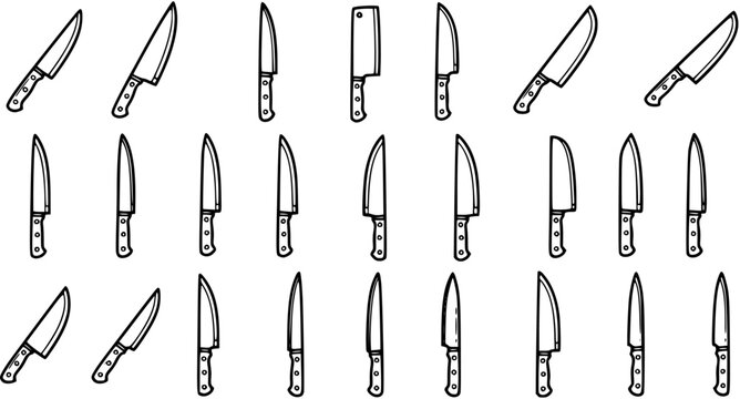 Hand Drawn Black and White Line Art Set of Various Kitchen Knives, Chef Knives, and Cleavers for Food, Cooking, and Culinary Industry Illustrations