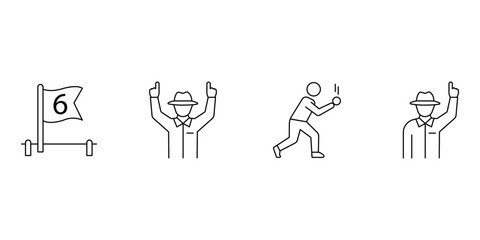 Fototapeta premium Cricket sport rules and official signals icon set with umpire and boundary boundary flag symbols in minimalist line style.