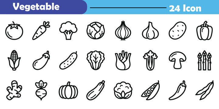Vegetable icons set. Contain icons related to tomato, carrot, broccoli, onion and more. Editable stroke. Vector illustration