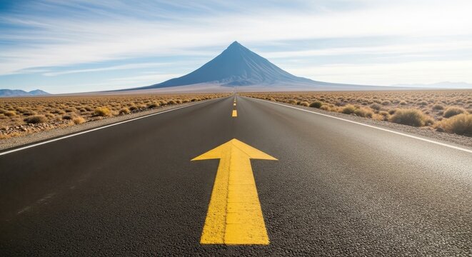 Straight road with yellow arrow leading to a pyramid mountain in a desert landscape