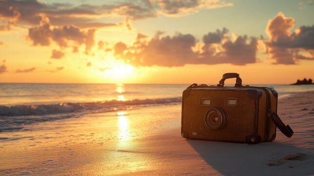 Suitcase-shaped camera on sandy beach at sunset, ocean waves gently lap at the shore
