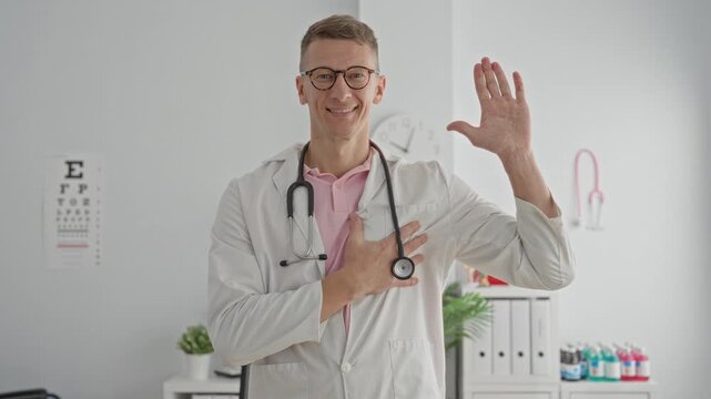 Man wearing labcoat and stethoscope, hand on chest and waving to camera in a clinic building beside eyechart and clock; trust care.