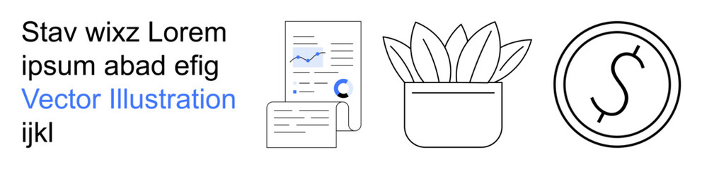 Fototapeta premium Data analysis, business trends, eco-conscious workspace, financial growth, productivity, digital solutions. A report, plant pot and currency symbol. Data analysis and business trends are clearly