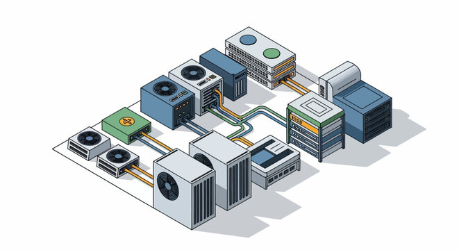 A detailed isometric illustration of a data center with various servers and equipment.