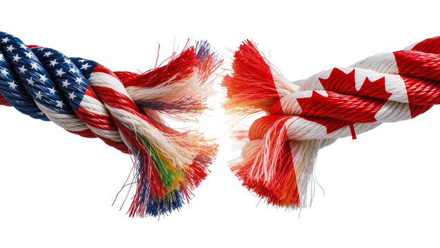 Torn American and Canadian flag ropes fraying, isolated on transparent background