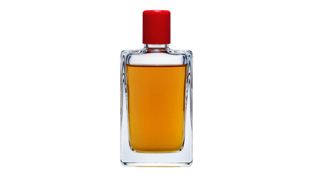 Rectangular glass perfume bottle with amber liquid and red cap, isolated on transparent background