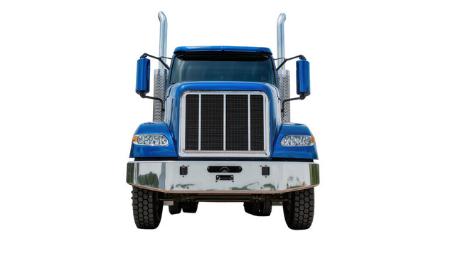 Blue semi-truck with chrome bumper and exhaust stacks, isolated on transparent background