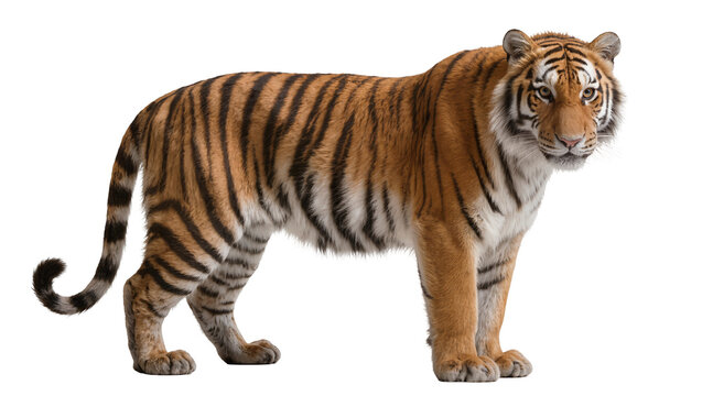 Majestic Bengal tiger with orange and black stripes, isolated on transparent background