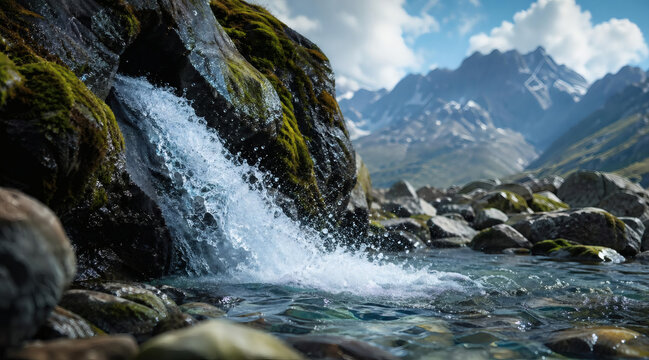 Pristine Alpine Stream Splashing Over Mossy Rocks in Mountains