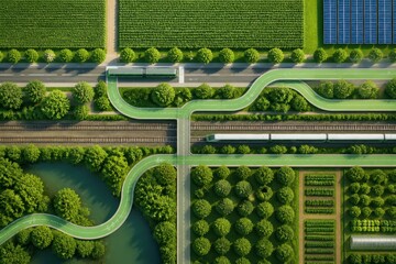 Fototapeta premium Sustainable smart landscape with roads rail line farmland and solar panels in aerial top view