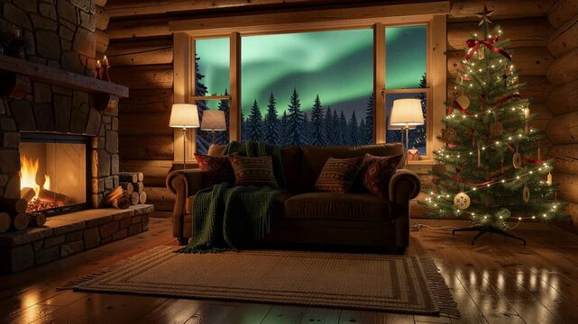 Cozy winter holiday scene with warm fireplace and beautifully decorated Christmas tree indoors