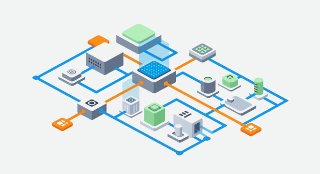 A complex network diagram with various connected components and pathways.