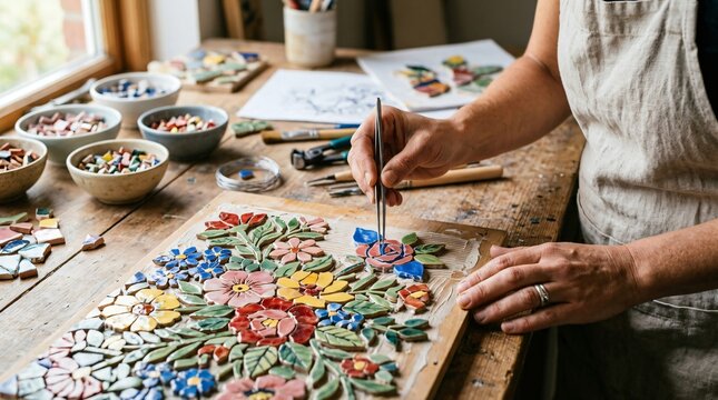 Artisan creating mosaic art with ceramic tiles on table. Man working in workshop using specialized tools to assemble floral design. Creative hobby, handmade craft and art master class.