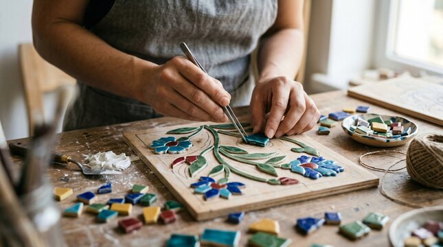 Artisan creating mosaic art with ceramic tiles on table. Man working in workshop using specialized tools to assemble floral design. Creative hobby, handmade craft and art master class.