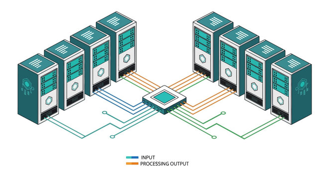 A graphic representation of a computer network system with multiple servers connected.
