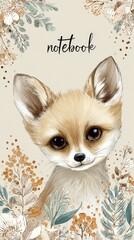 Fototapeta premium Adorable fox cub gazes warmly from a soft, floral notebook cover. Botanical accents frame the design with gentle earth tones. The childlike charm invites journaling or sketching in quiet moments