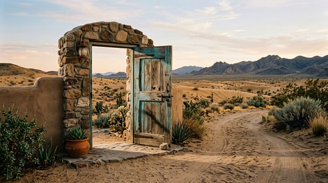 Open wooden door in mud brick wall leading to desert landscape. Desert path beyond stone gateway with rustic cottage. Travel adventure concept and transition to unknown wilderness.