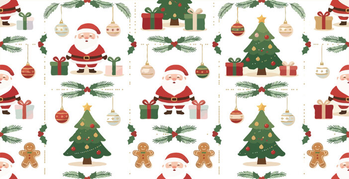 festive christmas seamless pattern with santa trees gifts and gingerbread cookies
