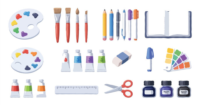flat lay art supplies and creative tools set with watercolor palette and brushes