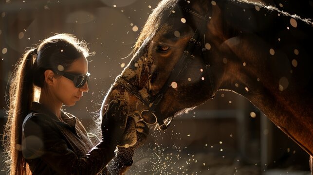 Warm sunlight glows behind a woman and horse. She wears sunglasses and gently holds the horse's muzzle. Dust particles float in the golden air. The horse's eye meets her gaze with calm trust