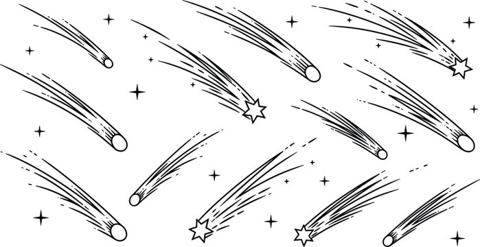 Minimalist Shooting Star and Comet Line Art Vector Icon Set Featuring Celestial Elements for Space Theme Designs