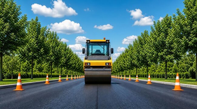 Road roller machine working on fresh asphalt paving project.