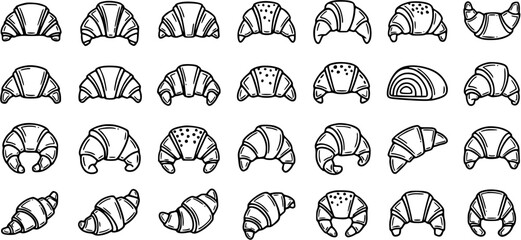 Fototapeta premium Black and White Line Art Croissants, Bakery Food Illustrations