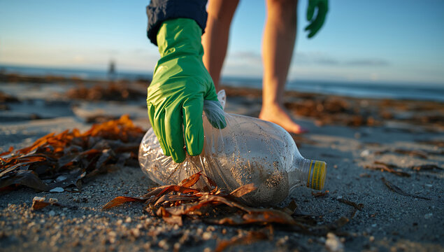 海岸でプラスチックごみを拾う日本人の手元を写した写真