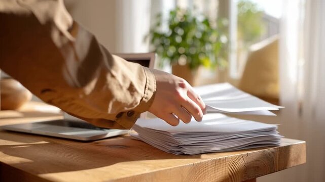 A person prepares to work at a wooden desk with a laptop and neatly stacked papers. Sunlight enters through the window, highlighting indoor plants.