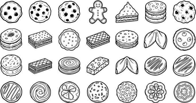 Food Icon Set: Black  White Line Art Collection of Hand-drawn Cookies, Biscuits, Wafers, Gingerbread Man, and Fortune Cookies Doodles