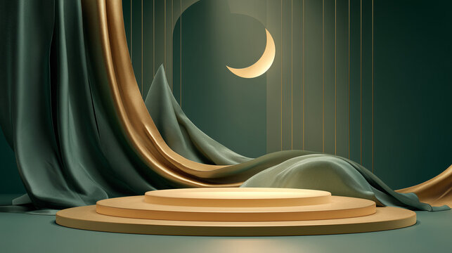 Luxury golden podium with flowing silk and crescent moon on dark green background; elegant festive style for Ramadan branding, product display, advertising, and premium presentation