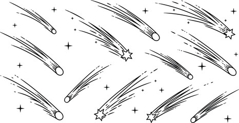 Minimalist Shooting Star and Comet Line Art Vector Icon Set Featuring Celestial Elements for Space Theme Designs © SobujChandra