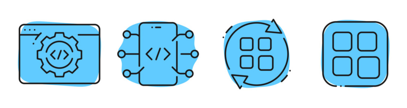 App grid and development icons showing integration and modules. Editable stroke