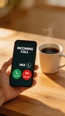 Fototapeta premium A close-up of a hand holding a smartphone with an incoming call display, beside a steaming cup of coffee on a wooden table, capturing a moment of daily life and communication in a peaceful setting.