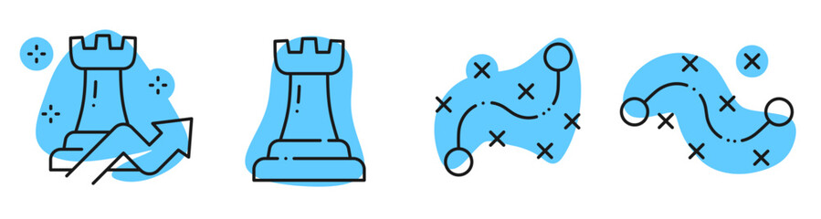 Chess rook pieces showing strategic moves on white background. Editable stroke © tutti_frutti