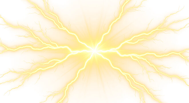 Intense yellow electric lightning bolt strike exploding outwards with a glowing center point isolated on a transparent background